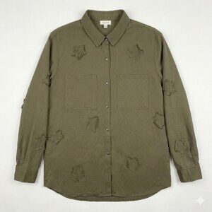 P. CILL Women's Large Olive Green Utility Shirt Star Patch Distressed Button Up